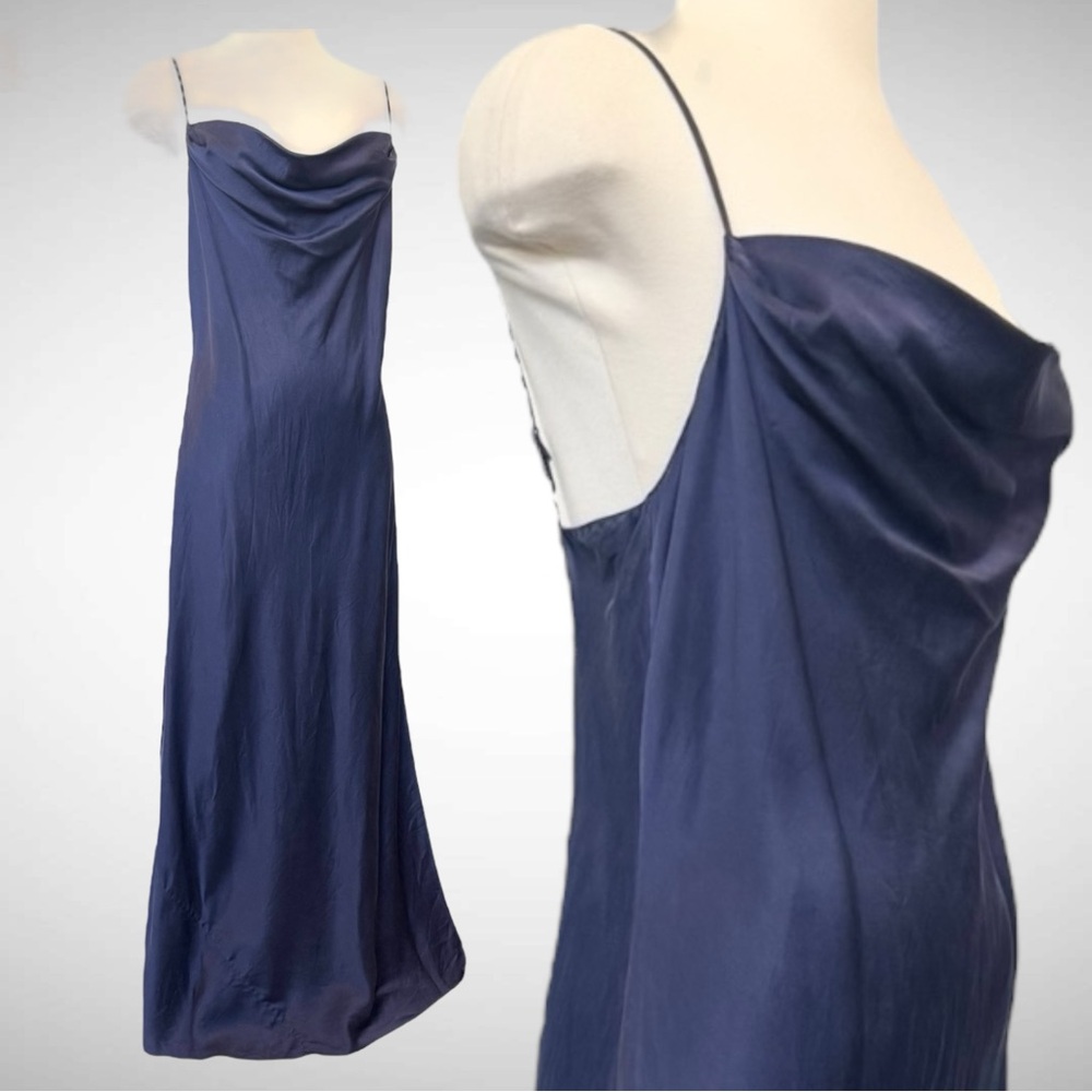1999 Victoria’s Secret Silk Blue Navy Draped Cowl Vintage Maxi Gown Slip Dress L - Picture 2 of 9